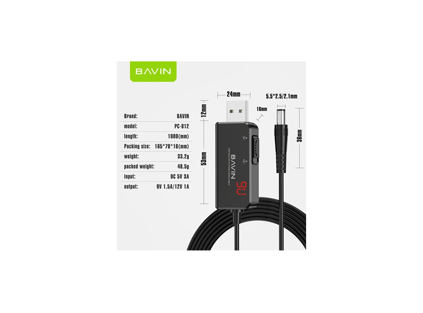 BAVIN Z-PC812-BK 9V TO 12V WIFI ROUTER TO POWER BANK CABLE
