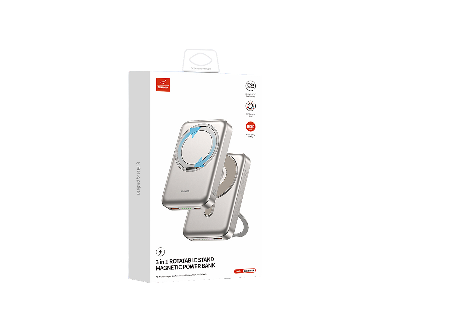 XUNOD XDPB-023 10000MAH 3 IN 1 ROTATABLE STAND MAGNETIC POWER BANK BLACK SILVER